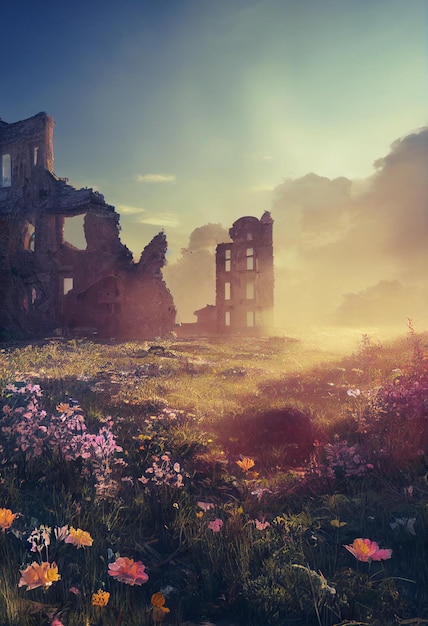 Flowers bloom at ruined city after war or diaster fantasy 3d
illustration