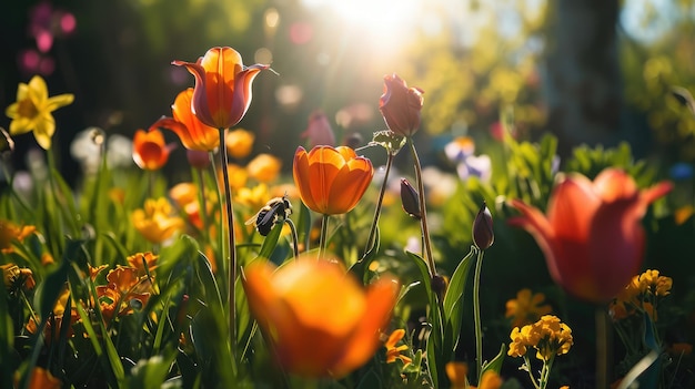 蜂が花を授粉する晴れた庭で花がいています