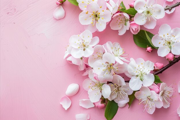 写真 花の花は明るいピンクの背景でバナーポスターのテンプレート結婚式の母親または女性の日のためのグリーティングカード 春の時間はコピースペースで平らに置きます