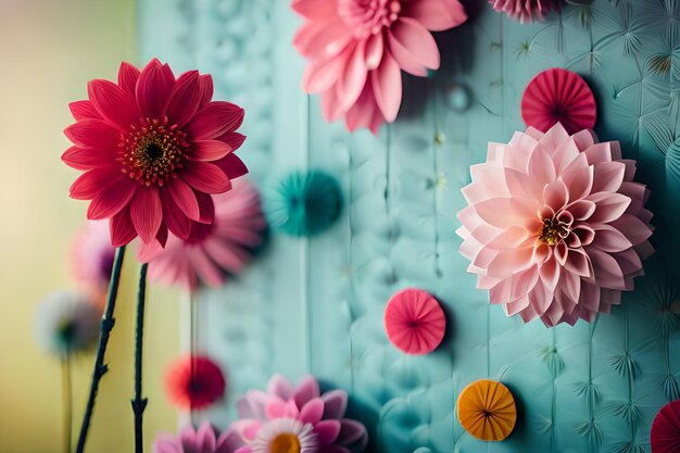 Foto fiori su uno sfondo blu con un fiore rosa al centro.