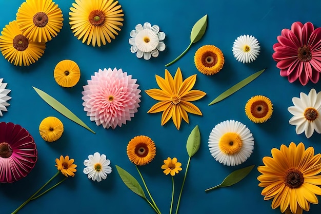 Flowers on a blue background with a yellow flower in the middle