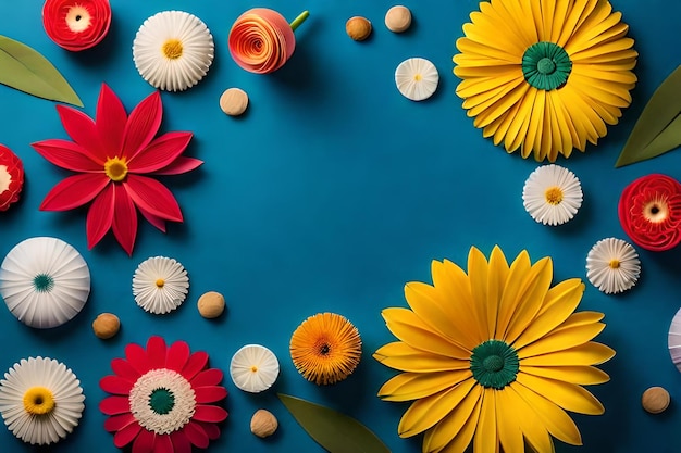 Flowers on a blue background with a yellow flower and the word