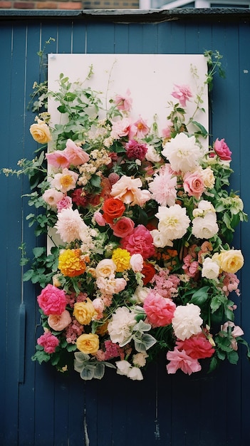 flowers on a blue door a window with a white frame