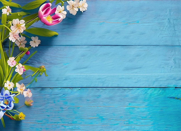 Foto fiori su uno sfondo di legno blu