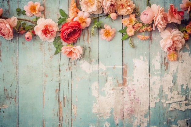 Flowers on a blue wooden background