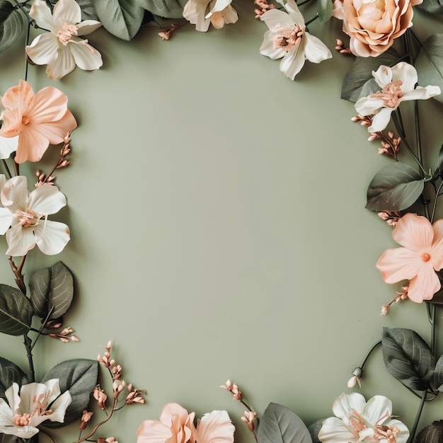 flowers botanical frame on olive pastel background ai generated