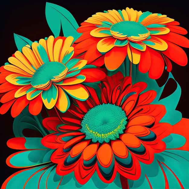 Flowers bouquet flowers on a dark background at retro colors Generated AI Illustration for design postcard or print