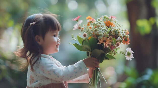 Flowers bouquet in the hand of a little girl