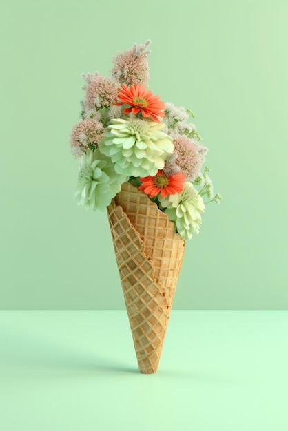 Flowers bouquet in waffle cone on green background Vegan ice cream concept