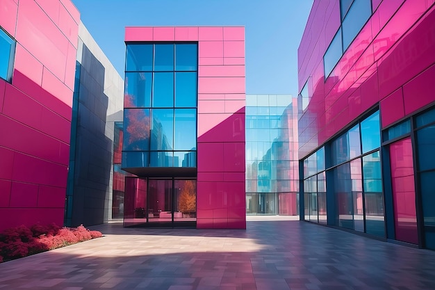 Photo flowers buildings and modern abstract futuristic architecture glass neon colored geometric pink red blue walls with urban scene around autumn sunny day