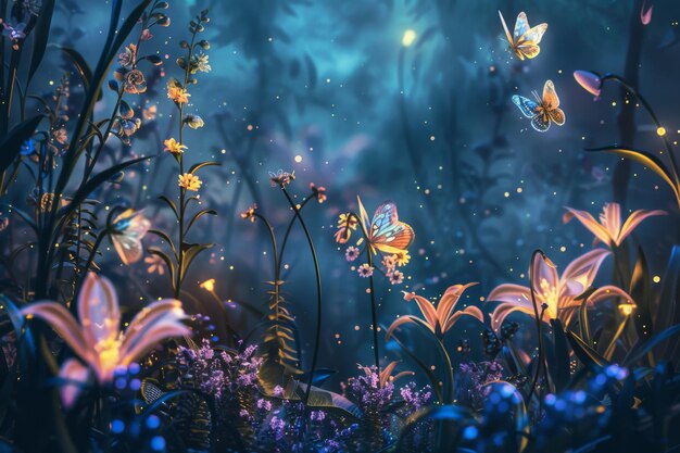 Photo flowers and butterflies dancing in the night sky