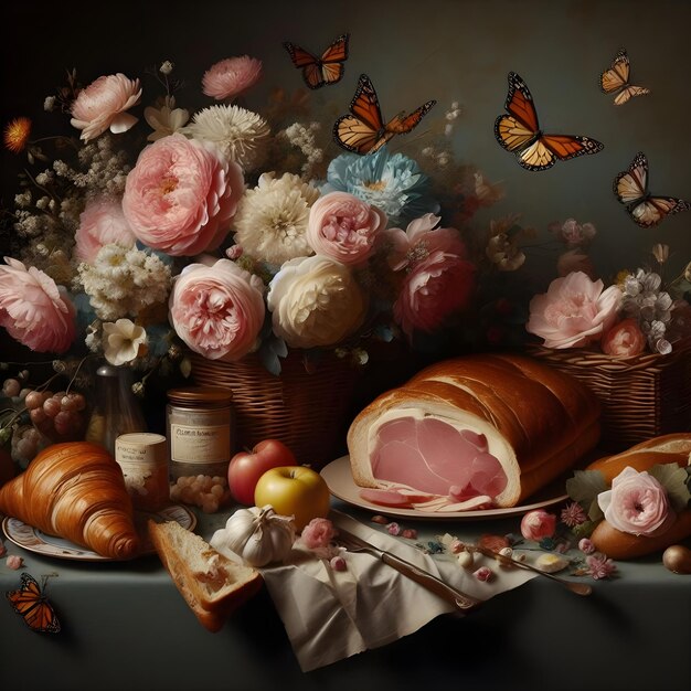 Flowers butterflies ham meat bread retro style