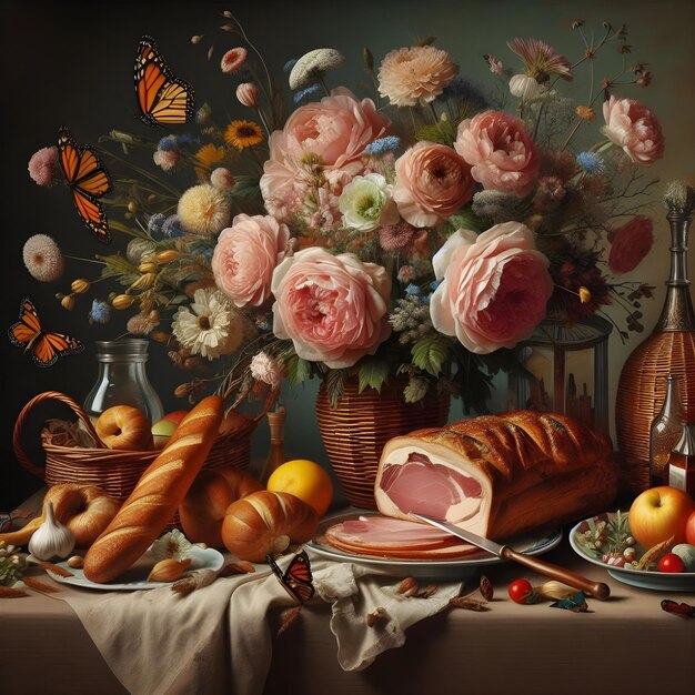 Flowers butterflies ham meat bread retro style