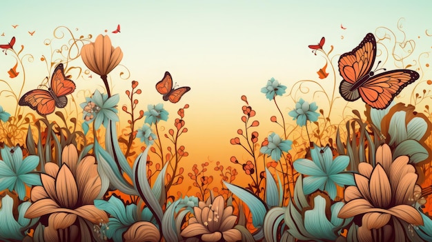 Flowers And Butterfly Background In Cartoon Style