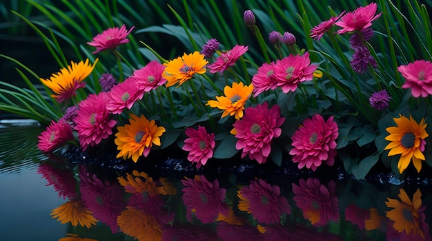 Flowers by the water with a reflection of the flowers