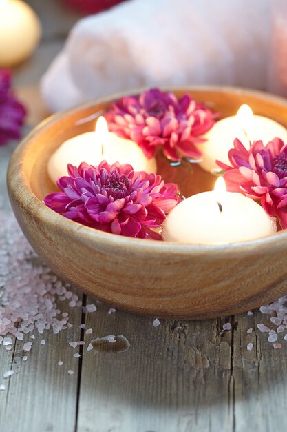 Flowers and candles in bowl with water