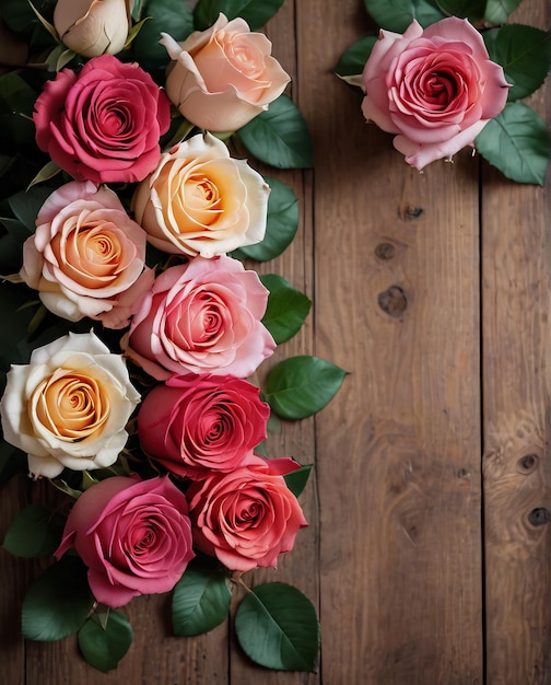 Photo flowers card roses on wooden background