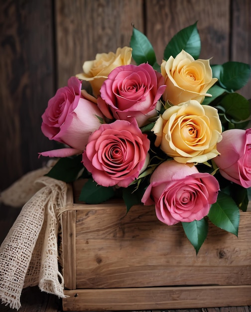 Photo flowers card roses on wooden background