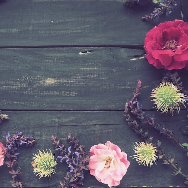 Flowers in a circle on a wooden background Postcard for the holiday Roses geraniums lavender sage and hairy chestnuts are placed along the edges on dark boards Background copy space flat lay