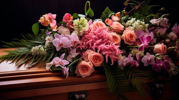 Flowers on a coffin in the funeral services Generative AI