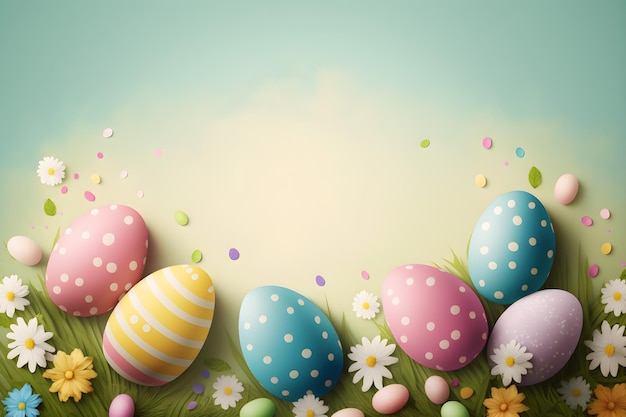 Flowers and colored eggs with blue background Easter theme