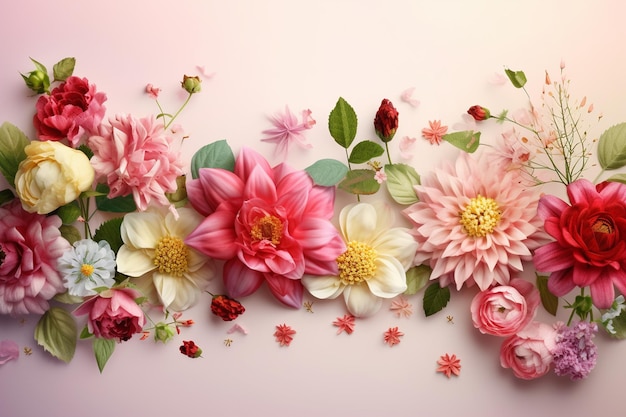 花の構成 ピンクの背景のカラフルなダリアの花 フラットレイ トップビュー コピースペース
