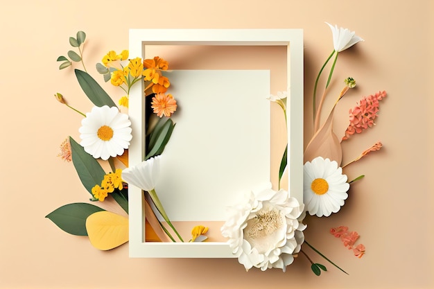 Flowers composition Frame flowers leaves on pastel background Flat lay top view copy space Generative AI