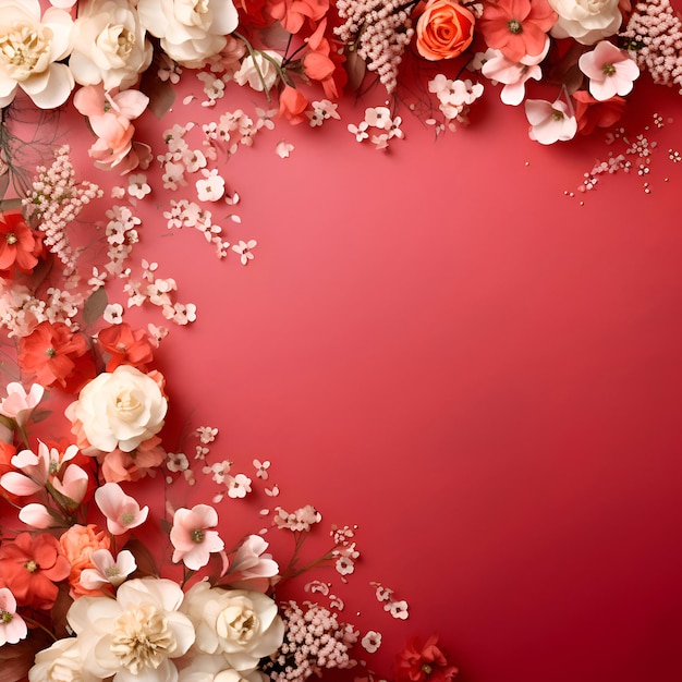 Photo flowers composition frame made of flowers on red background flat lay top view copy space