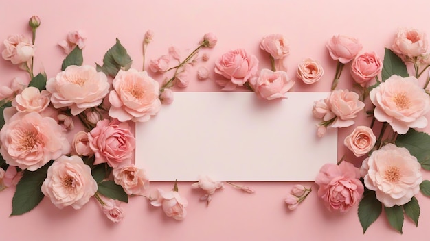 꽃 작곡 파스텔 분홍색 배경에 분홍색 장미로 만든 프레임 평평한 위쪽 표시