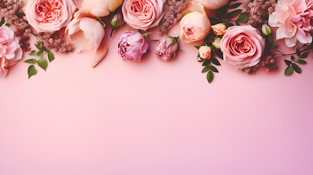 Flowers composition Frame made of pink roses on pink background