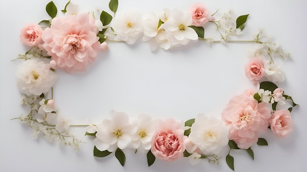 白い背景のピンクと白い花で作られたフレーム フラットレイトップビューコピースペース