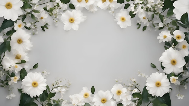 Flowers composition Frame made of white flowers on gray background Flat lay top view copy space