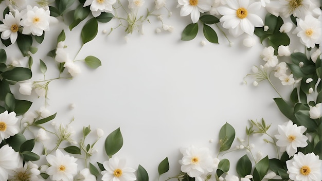 Flowers composition Frame made of white flowers on white background Flat lay top view copy space