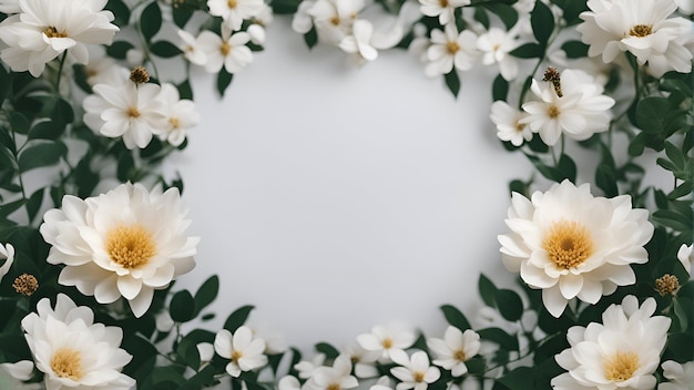 白い背景の白い花で作られたフレーム フラットレイ トップビューコピースペース