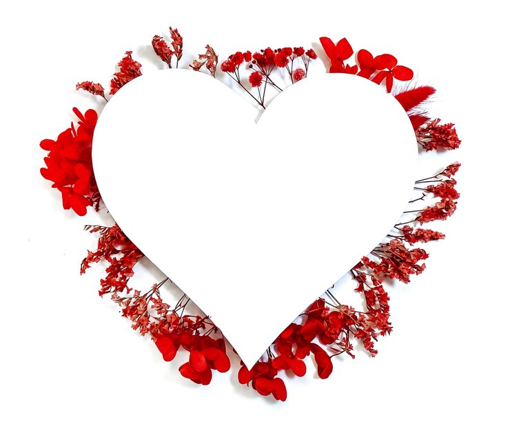 Flowers composition from red flowers in the form of a heart on white background spring summer