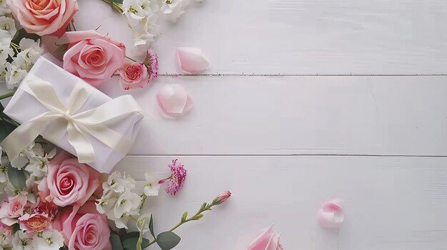 Flowers composition Gifts and rose flowers on white wooden table Women Day Flat lay Generative AI