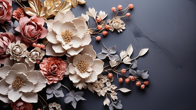 Flowers in a composition on a grey backdrop