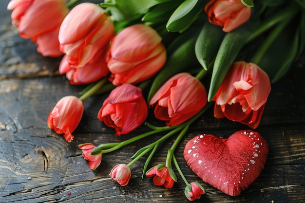 Flowers composition for Mothers Pink flowers on old white wooden background ai generated