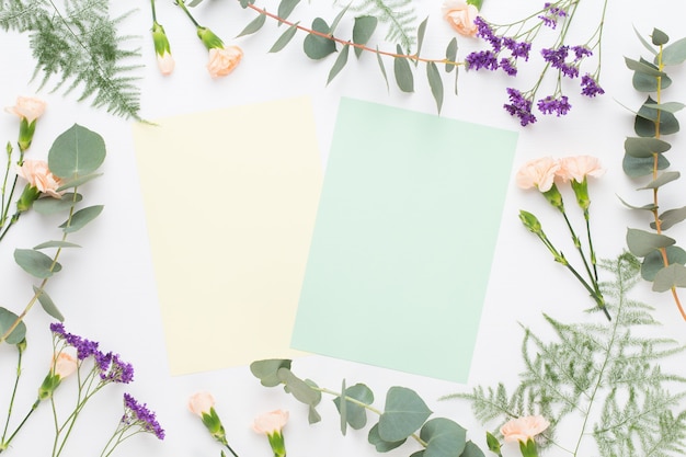 Flowers composition. Paper blank, carnation flowers, eucalyptus branches on pastel  background. Flat lay, top view.