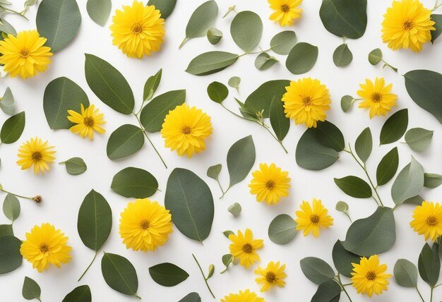 Flowers composition Pattern made of yellow flowers and eucalyptus leaves