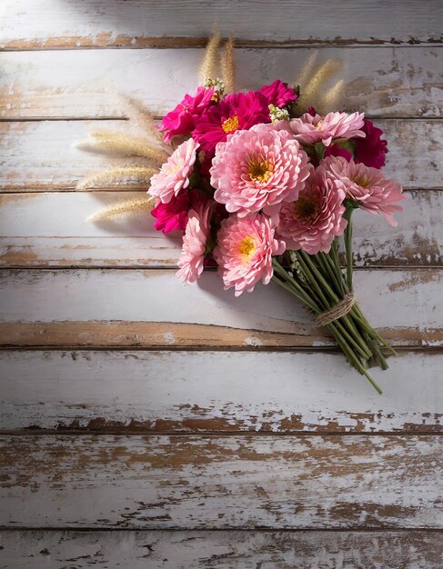 Photo flowers composition for valentine's mother's or women's day pink flowers on old white wood