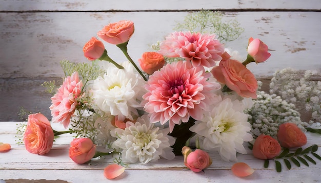 Photo flowers composition for valentine's mother's or women's day pink flowers on old white wood