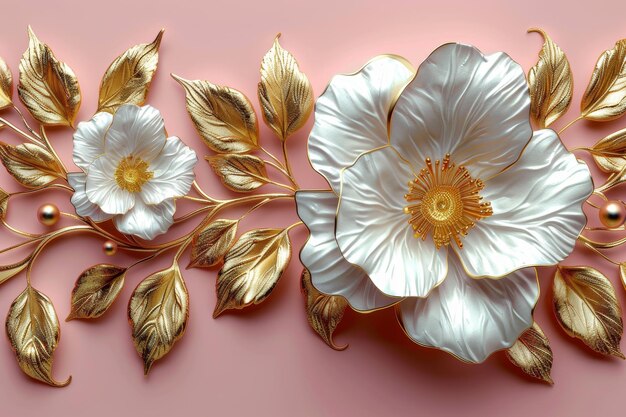 Flowers composition White flowers on pink background Flat lay top view copy space