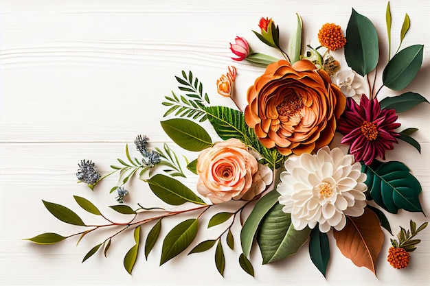 Flowers composition on wooden background Flat lay top view copy space generative ai