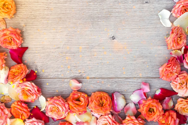 Flowers composition on wooden background. valentines day background.