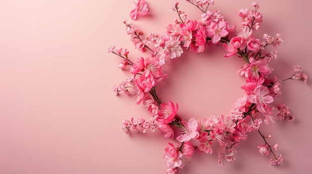 花の組成ピンクの背景にピンクの花で作られた花輪フラット レイアウト上面図コピー スペース