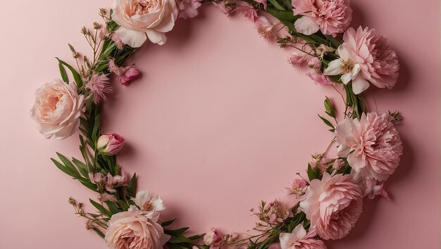 Цветочная композиция Венок из розовых цветов на розовом