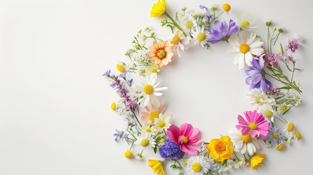花の組成白い背景にさまざまな色とりどりの花で作られた花輪イースター春夏コンセプト フラット レイアウト トップ ビュー コピー スペース