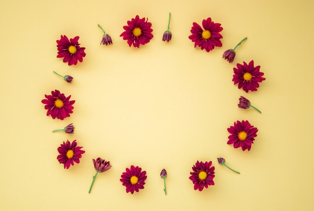 Flowers composition. Wreath made of various red flowers on yellow background