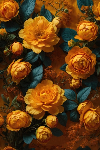 Flowers composition Yellow roses and blue leaves on orange background Flat lay top view